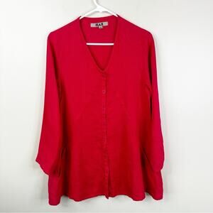 FLAX Shirt Womens P 4-6 Red Linen Long Sleeve Button Front Lagenlook Minimalist